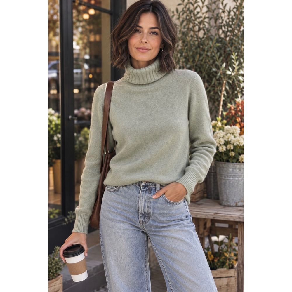 Geneva 100% Cashmere Turtleneck Sweater Light Sage Green Medium Fits Small